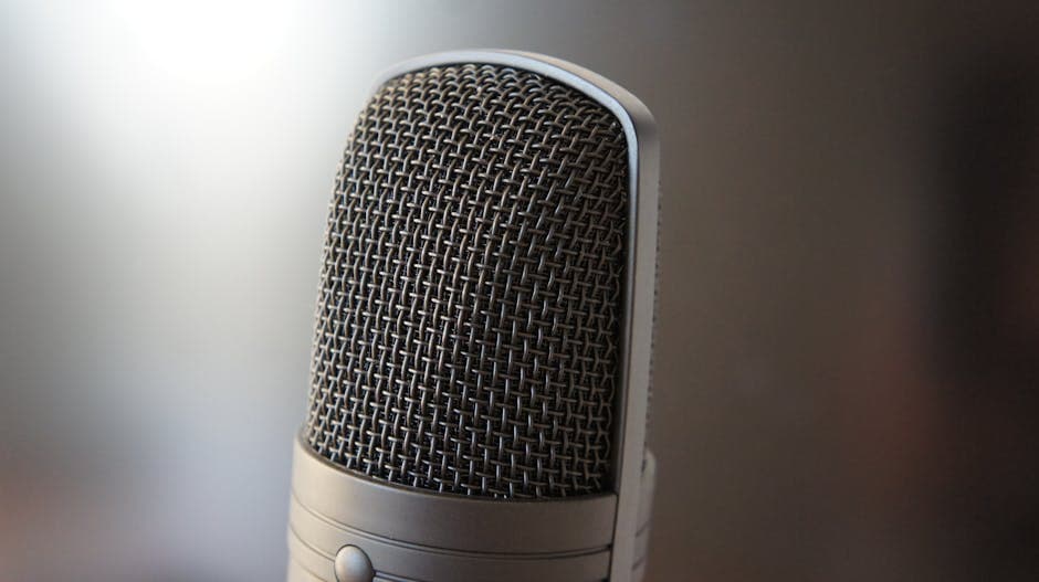 Studio microphone close-up with waveform overlay – representing audio annotation work for speech recognition, voice assistants, and conversational AI